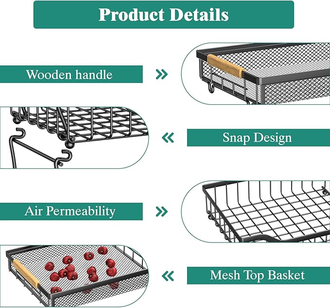 Giwil 3 Tier Countertop Fruit Mesh Basket for Kitchen, Vegetable Storage Bread Fruit Bowl Stand with 2 Banana Hooks, Wall Mounted Metal Wire Basket Organizer for Potato Onion, Black-HomvellaHome