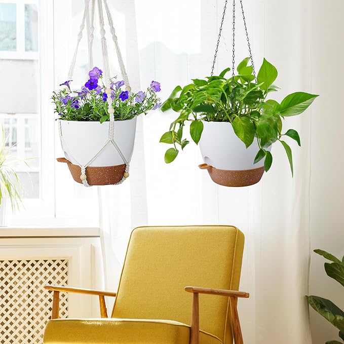 10 inch Self Watering Hanging Planters, 2 Pack Hanging Baskets for Indoor Outdoor Plants, Hanging Flower Pots with Drainage Holes & 2 Kinds of Plant Hangers for Garden Home Décor, White Brown-HomvellaHome