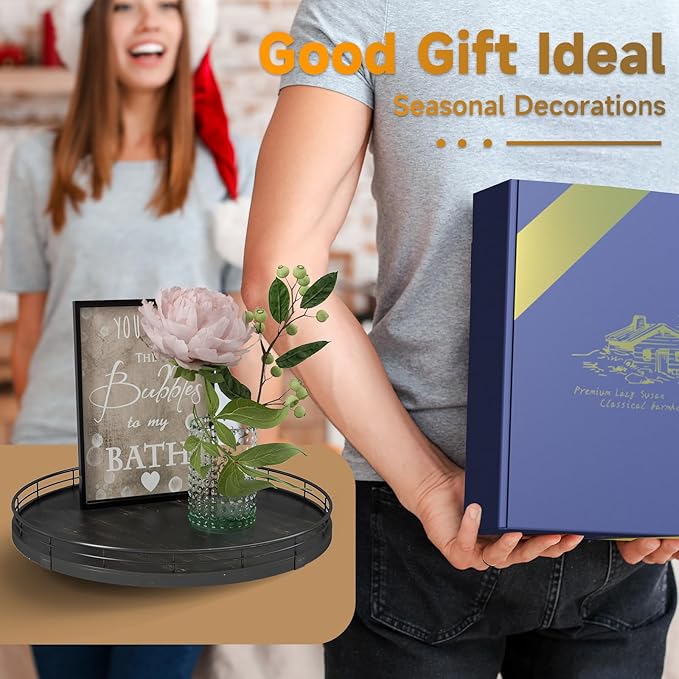 13" Oak Bathroom Vanity Tray Turntable for Perfume Candle, Round Wooden Decorative Tray for Kitchen Sink Countertop Organizer, Bathroom Counter Organizer for Skincare Makeup, Farmhouse Black Gold-HomvellaHome