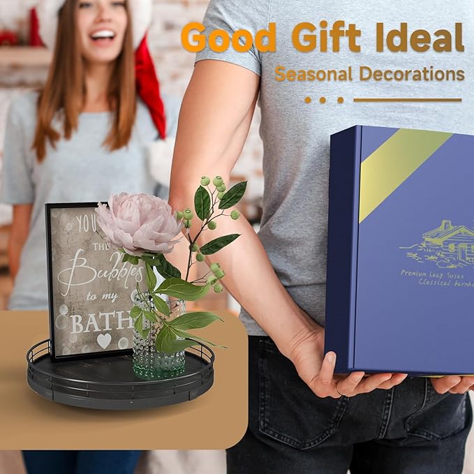 10" Oak Bathroom Vanity Tray Turntable for Perfume Candle, Round Wooden Decorative Tray for Kitchen Sink Countertop Organizer, Bathroom Counter Organizer for Skincare Makeup, Farmhouse Black Gold-HomvellaHome