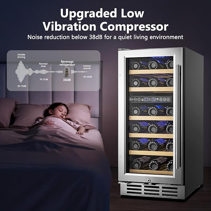 15 Inch Dual Zone Wine Refrigerator, 29 Bottle Under Counter Wine Fridge, Wine Refrigerator for Built-In or Freestanding, Wine Cooler with Removable Shelves, Double-Layer Glass Door, for Home-HomvellaHome