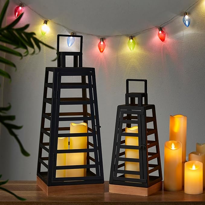 Glitzhome Set of 2 Modern Trapezoid Metal/Wood Decorative Lanterns,Large Candle Lanterns for Living Room,Home,Indoor, Outdoor,Table,Fireplace Mantle Decor -Black(No Glass)-HomvellaHome