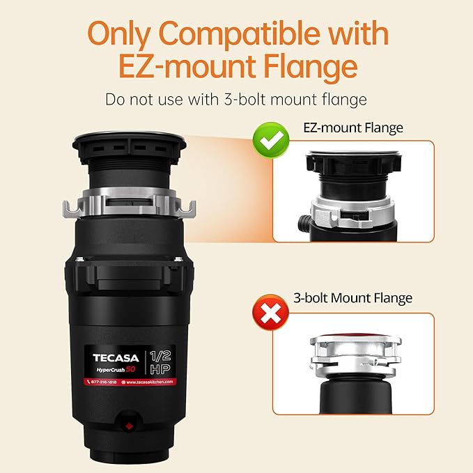 1/2 HP Garbage Disposals, TECASA Continuous Feed, Stainless Steel Food Waste Grinding System for Kitchen Sink Food Waste, Power Cord Included, Black - HyperCrush 50-HomvellaHome