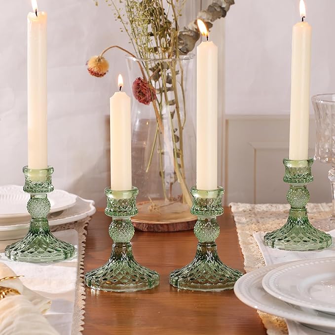 12Pcs Green Candlestick Holders Set- 4" H Taper Candle Holders Bulk, Glass Candle Holders for Wedding, Party, Romantic Dinner Table Centerpieces, Festival Gifts & Windowsill Decor-HomvellaHome