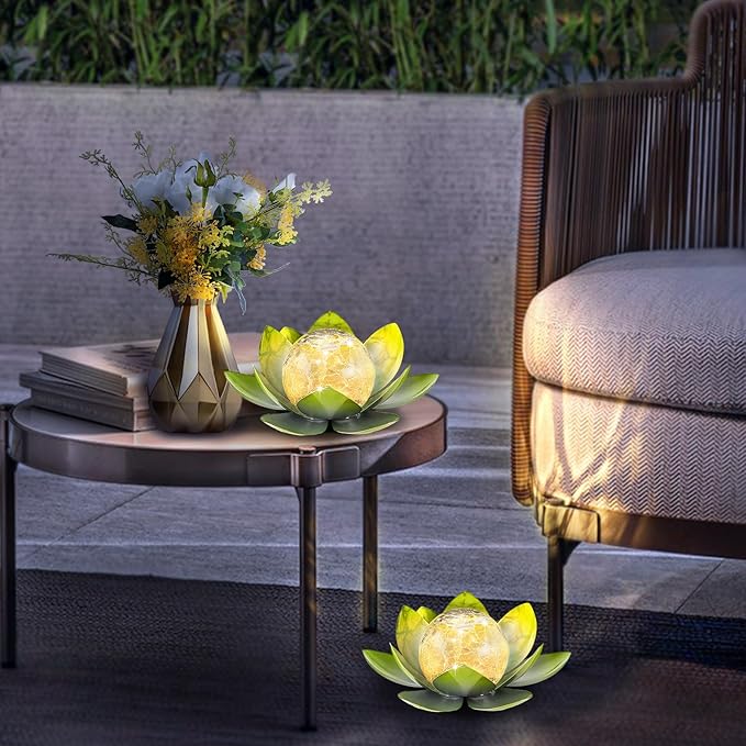 Garden Solar Light Outdoor(2Pack),Crackle Globe Glass Lotus Decoration, Waterproof Metal LED Flower Lights for Patio,Lawn,Walkway,Tabletop,Ground-HomvellaHome