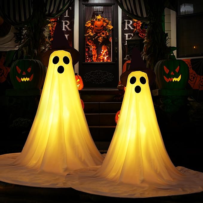 2 Packs Halloween Ghost Outdoor Decorations, 59” Light Up Ghost Decor with Remote Control, Adjustable Height Standing Halloween Lighted Ghost Kit with Witch Hat Ideal for Porch, Garden, Yard-HomvellaHome