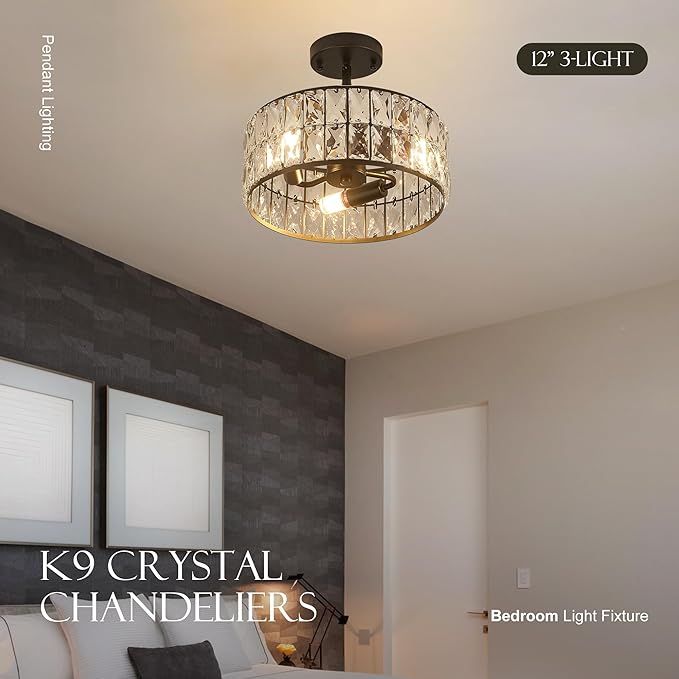12” 3-Light Modern Crystal Chandeliers Black Dinning Room Light Fixture with Two Poles, Round Pendant Light Kitchen Island Chandelier, Flush Mount Ceiling Light for Living Room Entryway-HomvellaHome