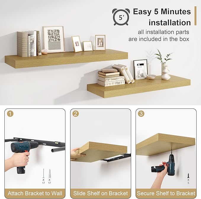 12" Deep Bathroom Floating Shelves for Wall Shelf Over Toilet Wall Mounted Farmhouse Long 55 inches Set of 1, Farmhouse Shelves with Invisible Brackets for Living Room, Kitchen, Bedroom,Oak-HomvellaHome