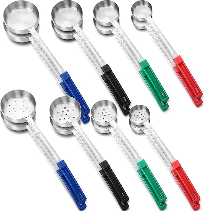 16 Pcs Portion Control Serving Spoons, Restaurant Measuring Serving Ladle Utensils, Portion Control Slotted Scoops for Weight Loss, Solid and Perforated Scoops(4 Colors,4 Sizes)-HomvellaHome