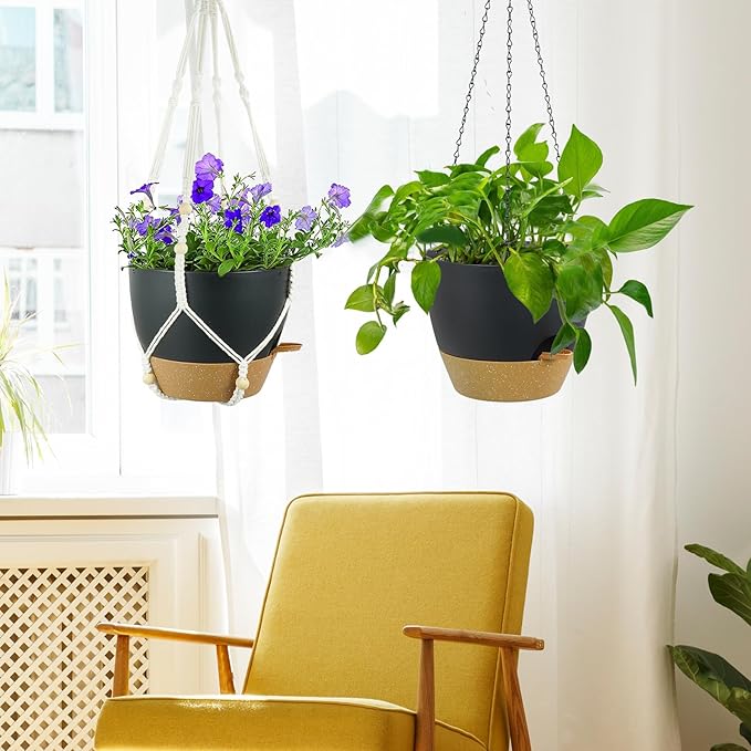 10 inch Self Watering Hanging Planters, 2 Pack Hanging Flower Pots for Indoor Outdoor Plants, Hanging Baskets with Drainage Holes & 2 Kinds of Plant Hangers for Garden Home Decor, Black Brown-HomvellaHome