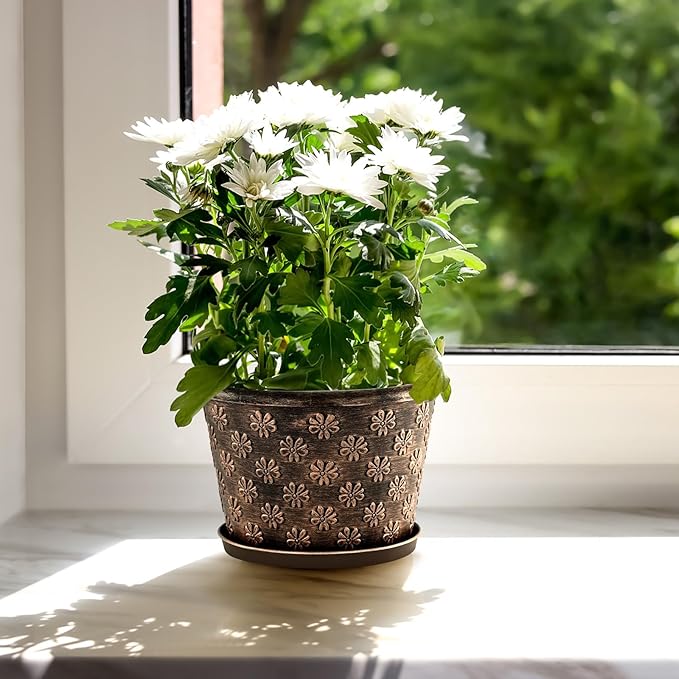 10 Inch Planter Pots for Plants, 4 Pack Plastic Large Flower Pots Indoor Outdoor, Resin Plant Pot with Drainage & Saucer, Retro Decorative Garden Pot with Removable Trays for House-HomvellaHome