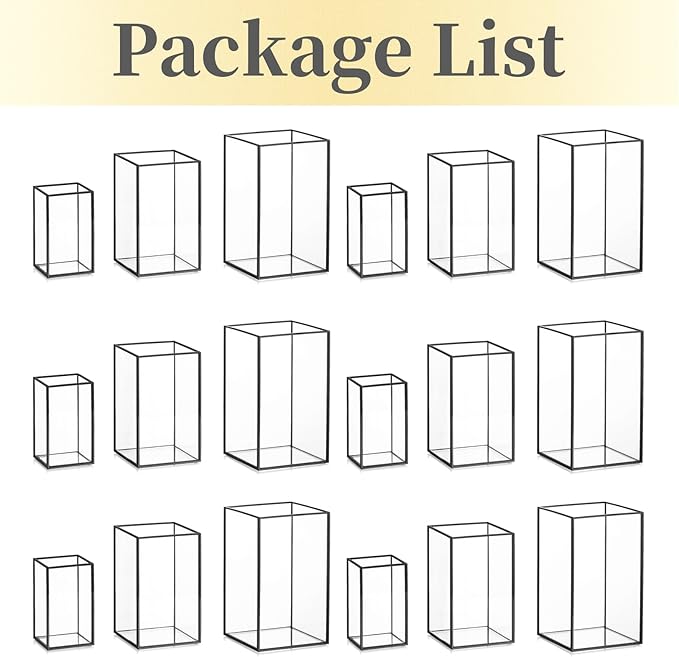 Glass Hurricane Candle Holder Large - Hewory 18pcs Black Rectangle Flower Holders Centerpiece for Table, Tall Floor Square Pillar Candle Lantern for Wedding, Anniversary, Party, Fireplace, Dining Room-HomvellaHome