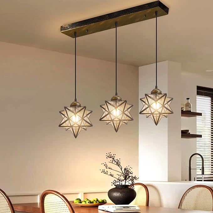 Glam Chandelier 3 Lights Glass Star Pendant Lights for Dining Table Kitchen Island Modern Ceiling Hanging Lights Included LED Warm Light Bulbs Oiled Bronze-HomvellaHome