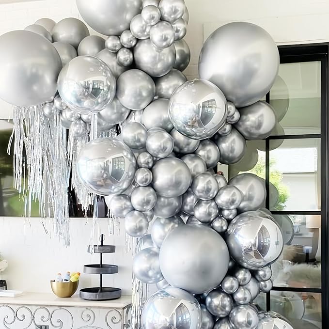 130pcs Metallic Silver Balloons Different Sizes 18" 12" 10" 5" Chrome Silver Balloon Garland Arch Kit for Graduation Birthday Baby Shower Wedding Anniversary New Year Party Decorations-HomvellaHome
