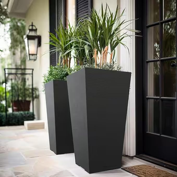 GreenShip 27" Tall Planters, Set of 2 – Black Outdoor Planter for Front Porch & Tall Plants, Weather-Resistant, with Drainage Hole & Rubber Plug (No Plants Included) (Black-2pcs)-HomvellaHome