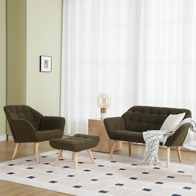 Green Sherpa Accent Chair with Ottoman ,Modern Reading Chair with Ottoman Set, Comfy Fuzzy Armchair Living Room Chair Lounge Chair with Wood Legs for Small Spaces Bedroom Apartment-HomvellaHome