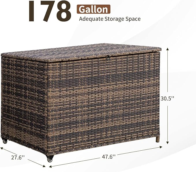 178 Gallon Outdoor Storage Box, Handle Large Portable Wicker Rattan Deck Box for Patio Furniture Cushions, Patio Deck Box with 2 WheelsThrow Pillows, Garden Tools and Pool Floats (Brown)-HomvellaHome