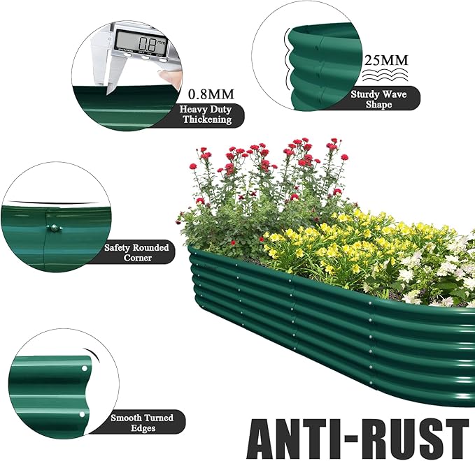 1 Pack 8x3x1.5FT Galvanized Raised Garden Bed Kit Oval Metal Ground Planter Box Outdoor Bottomless Planter Raised Beds for Vegetables Flowers Herbs Fruits, Green-HomvellaHome