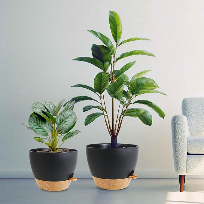 12/10/9 inch Large Self Watering Pots, Planter, Plant Pots with Mesh Drainage Holes for Indoor Outdoor Garden Plants, Plastic Flower Pots with Removable Deep Reservoir, Black with Brown-HomvellaHome