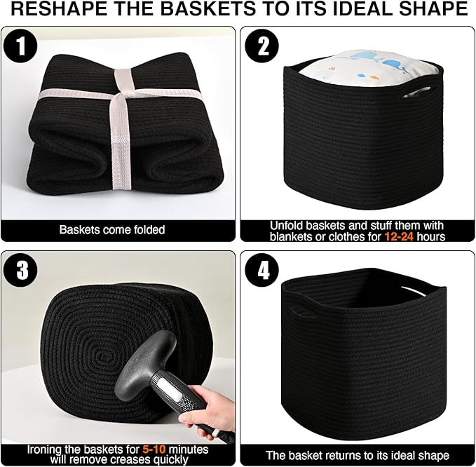 11 Inch Cube Storage Bins, Storage Cube Organizer Bins, Woven Cotton Rope Basket for Storage, Storage Baskets for Organizing Shelves, Square Baskets for Toys, Black (Pack of 3)-HomvellaHome