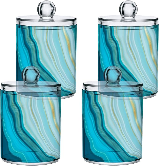 2 Pack Qtip Holder Dispenser Teal Turquoise Blue Marble Bathroom Storage Canister Lid Acrylic Plastic Apothecary Jar Set Vanity Makeup Organizer for Cotton Swab/Ball/Round Pads, Floss-HomvellaHome