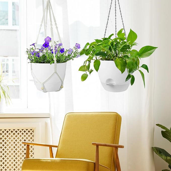 10 inch Self Watering Hanging Planters, 2 Pack Hanging Flower Pots for Indoor Outdoor Plants, Hanging Baskets with Drainage Holes & 2 Kinds of Plant Hangers for Garden Home Decor, White-HomvellaHome