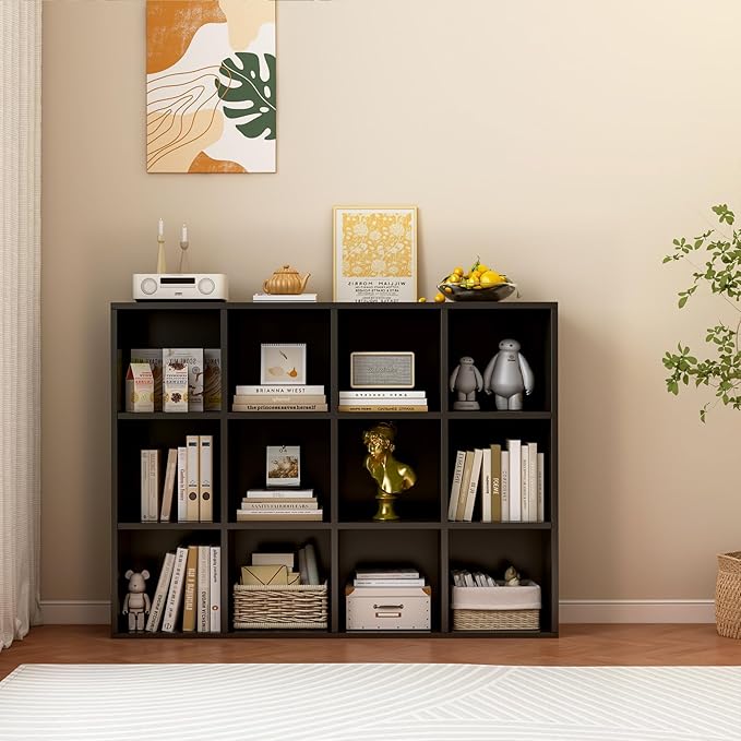 12-Cube Storage Shelf Bookcase - Wooden 3-Tier Floor Standing Open Bookshelf for Home and Office, Display Cabinet, Black-HomvellaHome