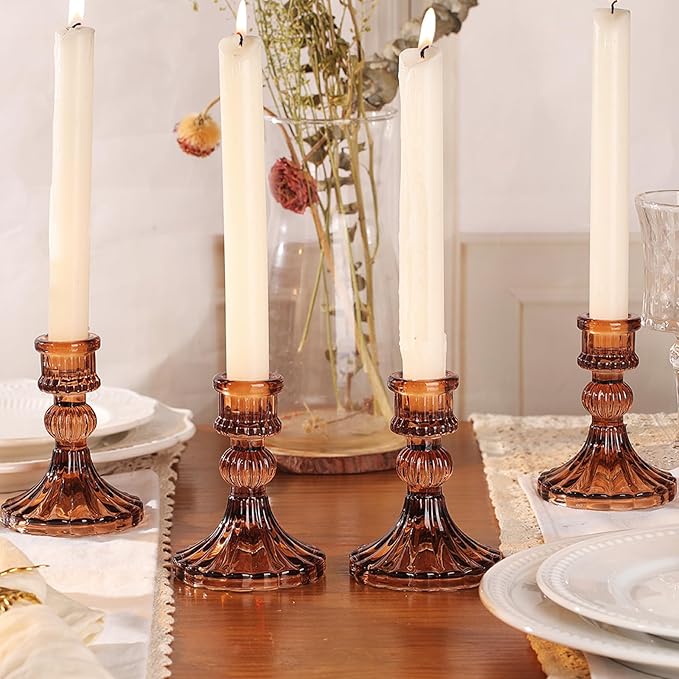 12PCS Amber Candlestick Holders Set- 4" H Taper Candle Holders, Glass Candle Holders Bulk for Wedding, Party, Fall Home Table Centerpieces, Festival Gifts & Windowsill Decor-HomvellaHome