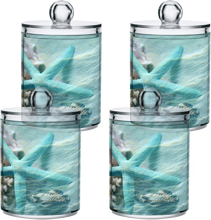 2 Pack Qtip Holder Organizer Dispenser Seashell Starfish Summer Beach Bathroom Storage Canister Cotton Ball Holder Container for Cotton Swabs/Pads/Floss-HomvellaHome