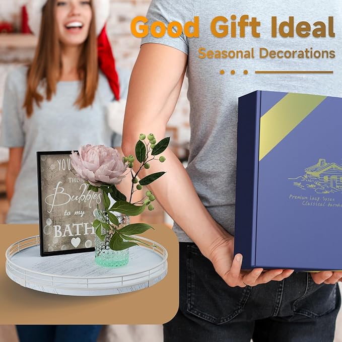 13" Oak Bathroom Vanity Tray Turntable for Perfume Candle, Round Wooden Decorative Tray for Kitchen Sink Countertop Organizer, Bathroom Counter Organizer for Skincare Makeup, Rustic White-HomvellaHome