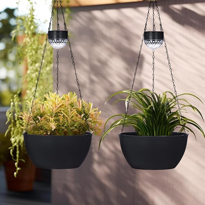 2 Packs Solar Hanging Basket Planters for Plants Outdoor, Self Watering Black Flower Plants Pots with Solar Light Drainer for Balcony Patio Garden Outdoor Decoration-HomvellaHome