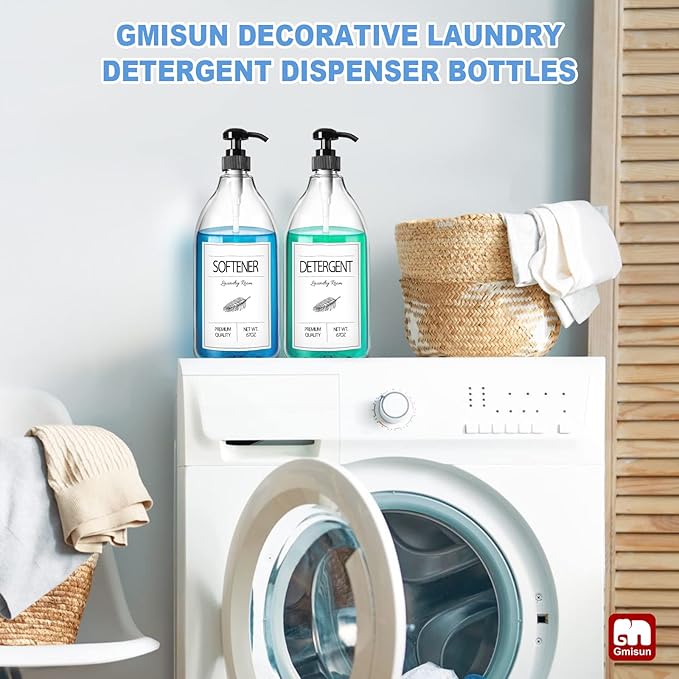 GMISUN Laundry Detergent Dispenser, 2 Pack Liquid Laundry Soap Dispenser, 64oz Storage Container for Farmhouse Laundry Room Decor, Liquid Bottle Organizer for Detergent/Softener/Bleach-HomvellaHome