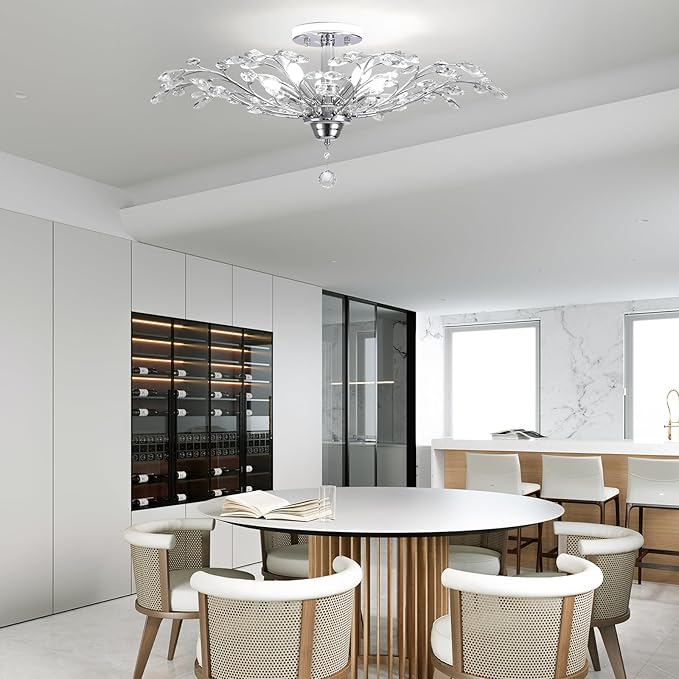 Ganeed Frozen Crystal Branch Close to Ceiling Light Chrome Silvery Vintage Chandelier with 5-Light Heads, Modern K9 Crystal Chandelier for Dining Room Living Room Bedroom Kitchen Over Table-HomvellaHome