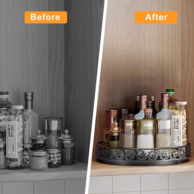 10" Lazy Susan Organizer Turntable,360 Rotating Spice Rack Lazy Susan for Cabinet Dining Table Top Countertop Pantry Kitchen Cupboard Vanity Bathroom Refrigerator Black-HomvellaHome