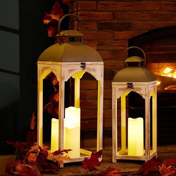 Glitzhome Set of 2 Mondern Farmhouse Wood Metal Lanterns Decorative Candle Lanterns, White (No Glass)-HomvellaHome