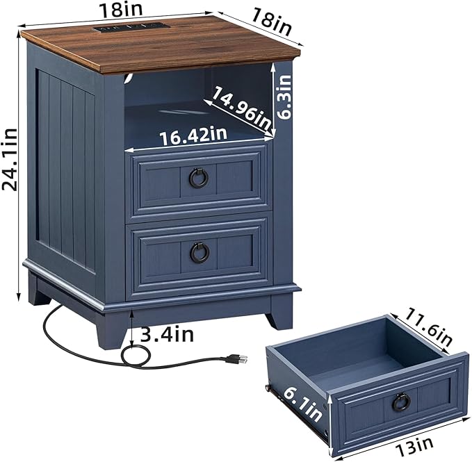18" Farmhouse Night Stands Set of 2 with Charging Station, 2 & 3 Drawers End Table Dresser for Bedroom, Blue Wooden Nightstand, Bed Side Table with Open Shelf, Bedside Cabinet for Living Room-HomvellaHome