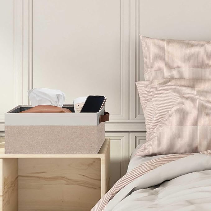 GhvyenntteS Small Fabric Storage Bins 12 Pack, 11.8" x 7.87" x 5.11" Storage Basket with Leather Handles, Closet Storage Bins for Shelves, Storage Baskets for Shelves, DVD Storage (Pink/White)-HomvellaHome