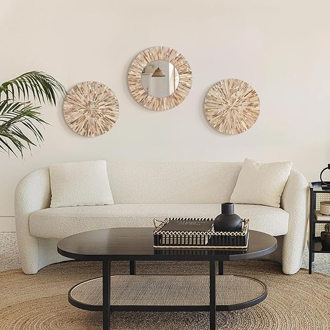 TEIPAI Boho Decorative Mirror for Living Room, 3PCS Handcrafted Mother of Pearl Mirror Wall Decor for Home Dorm Apartment Hallway Staircase, Mosaic Art Plates for Wedding Decoration (Dark Brown)-HomvellaHome