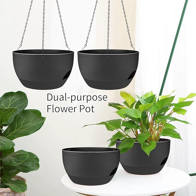 2 Pack Hanging Planters for Indoor Outdoor Plants, 12 Inch Self Watering Hanging Pot with Drainage Holes and Saucer, Plastic Plant Pots, Black Flower Pots for Kitchen, Balcony, Garden-HomvellaHome