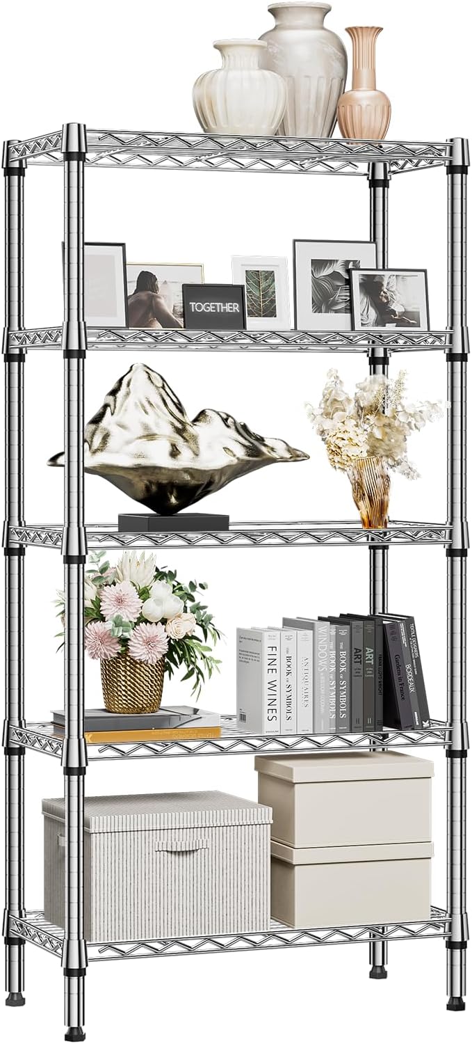 1250 lbs 5 Tier Shelf Metal Storage Shelves Shelving Wire Rack Heavy Duty Closet Organizers for Garage Kitchen Bathroom Laundry Chrome 13.8" D x 29.5" W x 59.5" H-HomvellaHome