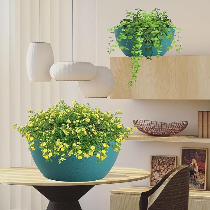 13 inch Large Hanging Planters Plant Pots for Outdoor Indoor Plants with Drainage Holes and Chain, 2 Pack Round Hanging Flower Pots for Garden Home Porch Decor, Blue Green-HomvellaHome
