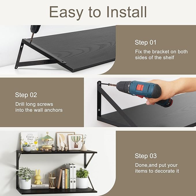 12 Inch Deep Floating Shelves, Black Floating Shelves 48W x 12D, Deep Wall Shelves Bracket Set of 2, Large Display Hanging Floating Shelf for Bathroom, Living Room, Wide Storage Wooden Wall Shelf-HomvellaHome