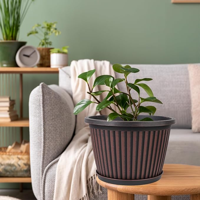 10 Inch Planter-Pots-for-Plants-Indoor-Outdoor, 4 Pack Plastic Flower Pots with Saucer & Drainage Holes, Modern Decorative Resin Garden Pots-HomvellaHome