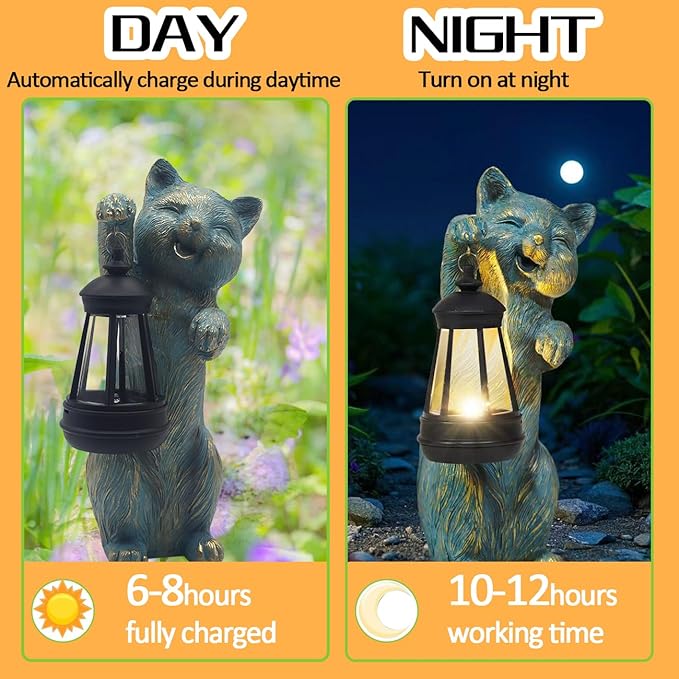 Garden Statues Cat with Solar Lantern Outdoor Bunny Figurines Decorations for Patio Yard Lawn Ornaments Gifts for Birthday Easter Housewarming Mother's Day-HomvellaHome