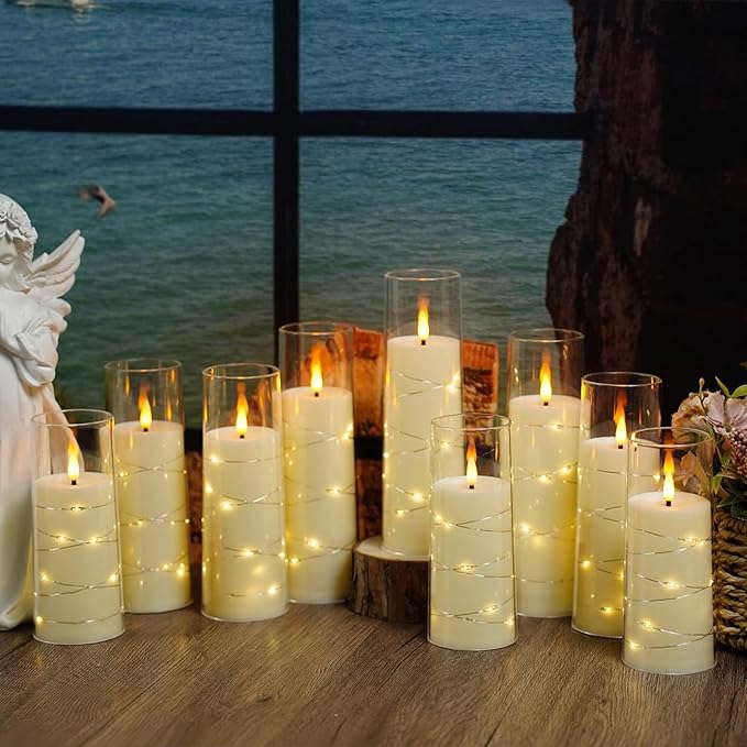 Flickering Flameless LED Candles,Battery Operated Candles 9 Pcs with Embedded Star String,Acrylic LED Pillar Candles with Remote,Suitable for Home Decoration to Create an Atmosphere (Ivory)