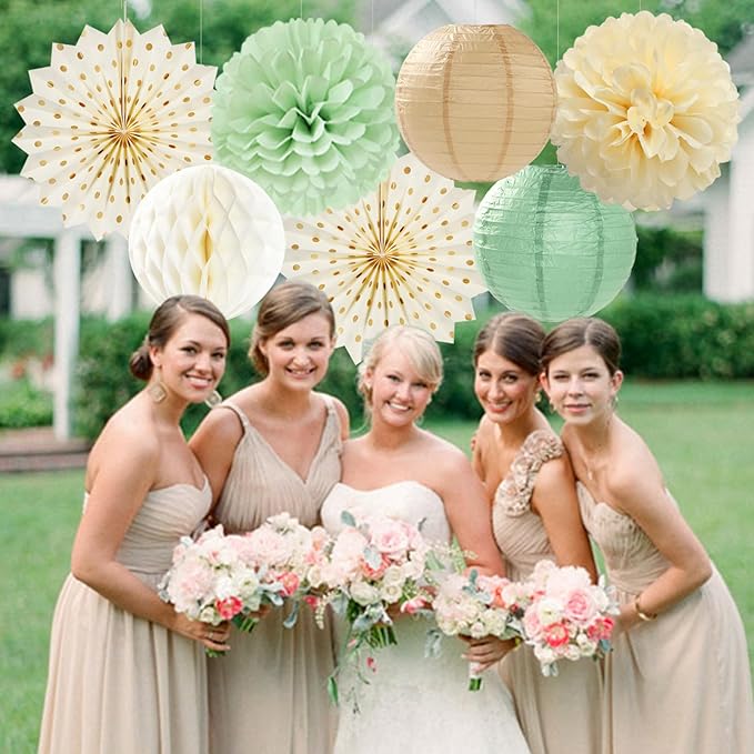 Sage-Green Beige-Champagne Party-Decorations Streamers Lanterns - 14pcs Neutral Baby Shower Paper Fan,Tissue Pom Poms,Honeycomb Balls,Boho Birthday Wedding Bachelorette Engagement Bridal Decor Ouruola