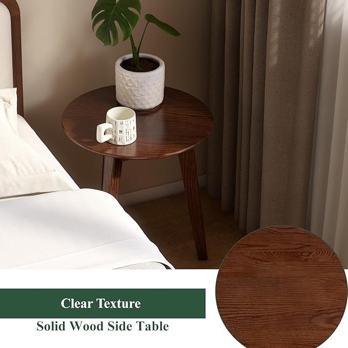 100% Solid Oak Round Side Table, Small Bedside Table for Small Spaces, Living Room End Table with Stable Frame, Modern Nightstand for Bedroom Couch, (Walnut, 17.71" D x 19.68" H)-HomvellaHome