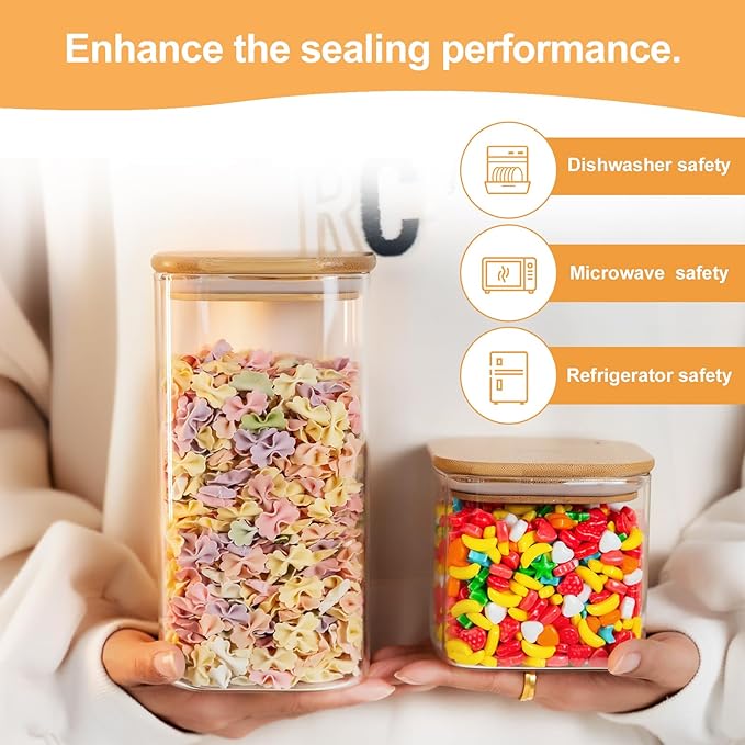 Glass Storage Jars 6 Pack -50oz (10cmx20cm)Clear Glass Food Storage Containers with Airtight Bamboo Lid Stackable Kitchen Canisters for Candy,Cookie,Rice,Sugar,Flour,Pasta,Nuts and Spice Jars(Square)-HomvellaHome