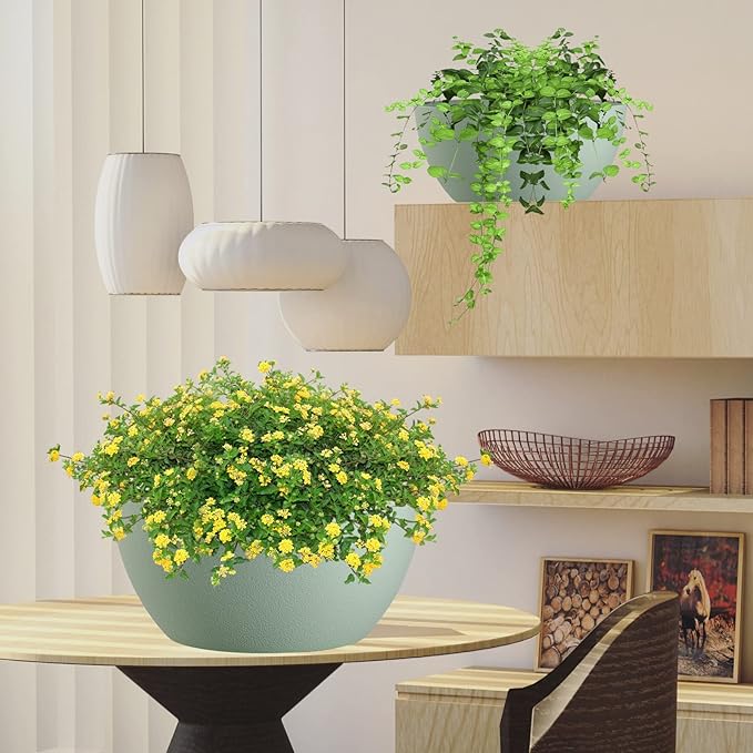 13 inch Large Hanging Planters Plant Pots for Outdoor Indoor Plants with Drainage Holes and Chain, 2 Pack Round Hanging Flower Pots for Garden Home Porch Decor, Green-HomvellaHome