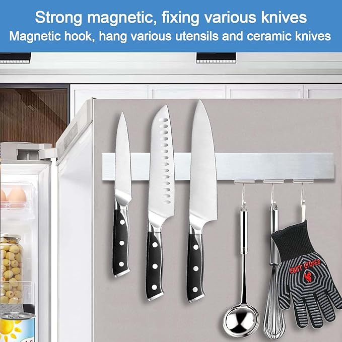 16 Inch Magnetic Knife Holder for Refrigerator - Knife Magnetic Strip for Fridge with Magnetic Hooks - Double Sided Magnetic Knife Bar - Stainless Steel Kitchen Magnetic Knife Hanger Rack-HomvellaHome